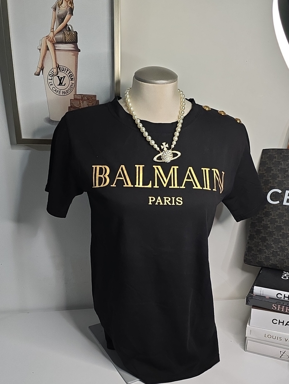 Black Short Sleeve Logo Tee with Gold Accents